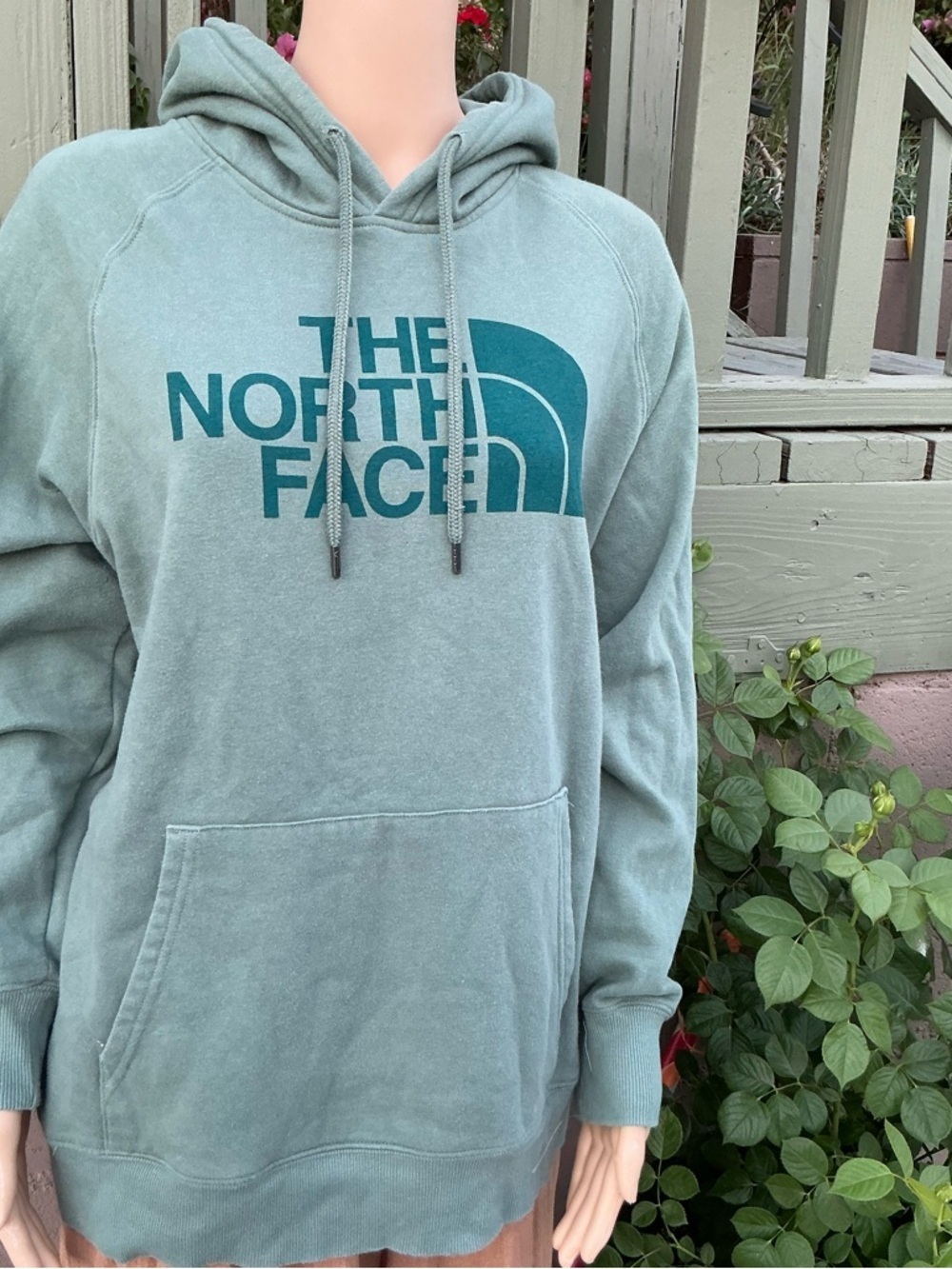 The North Face Men's Crewneck Hoodie in Seafoam Green with Teal Logo